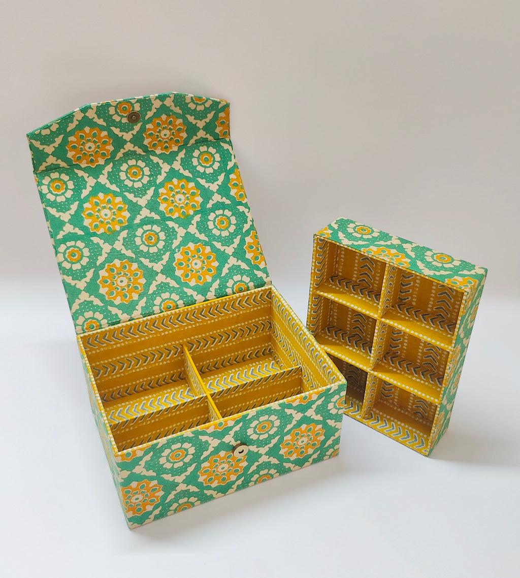 Double Level Jewellery Organizer - Green &amp; Yellow Kalamkari
