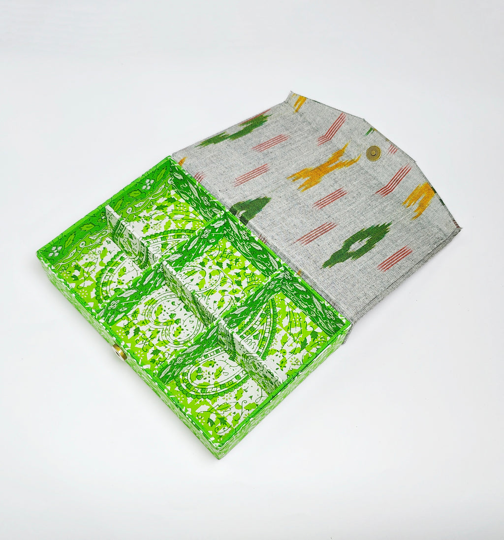 Rectangle 6 slot jewellery organizer - Ikkat Grey &amp; Green