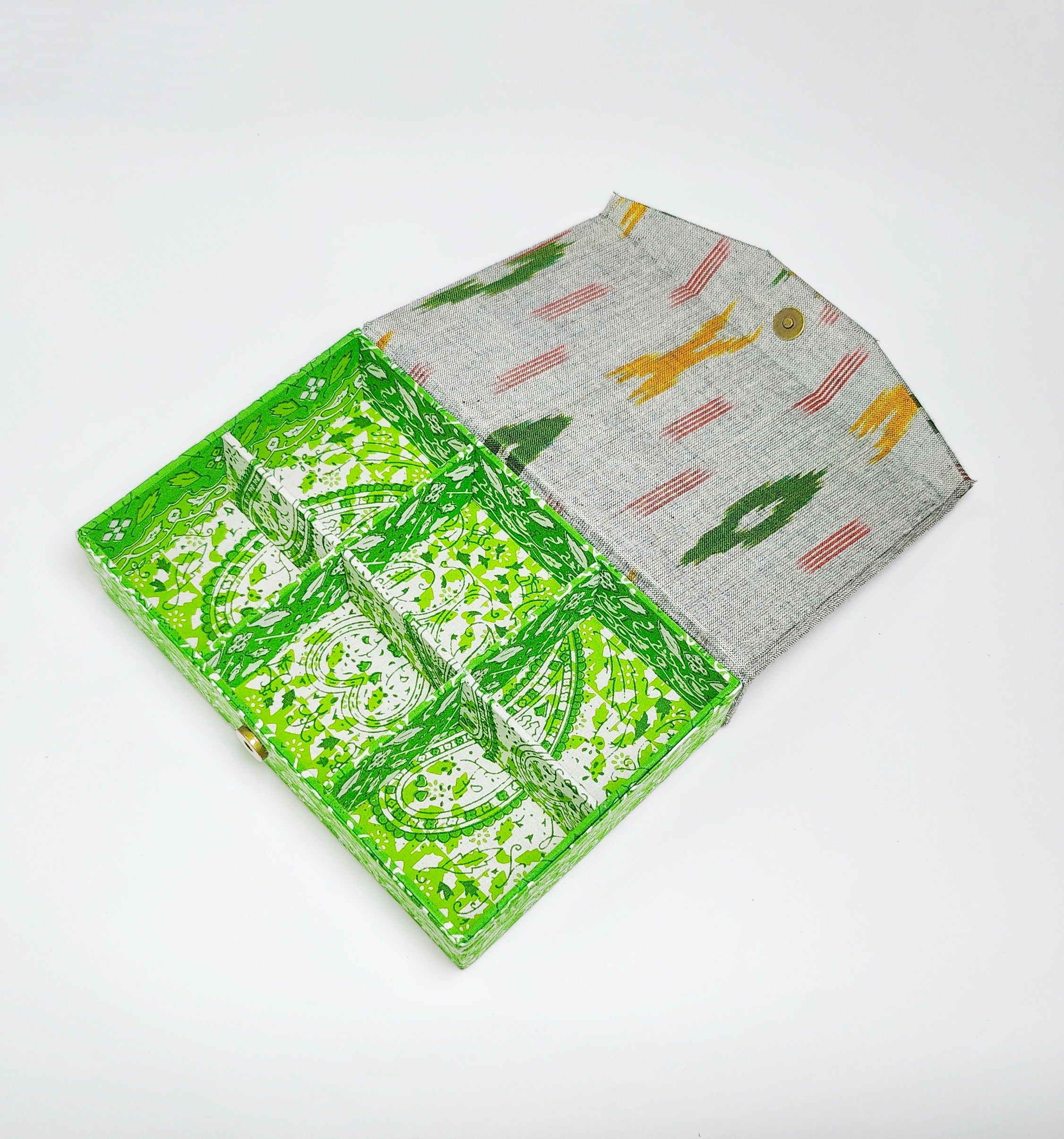 Rectangle 6 slot jewellery organizer - Ikkat Grey &amp; Green