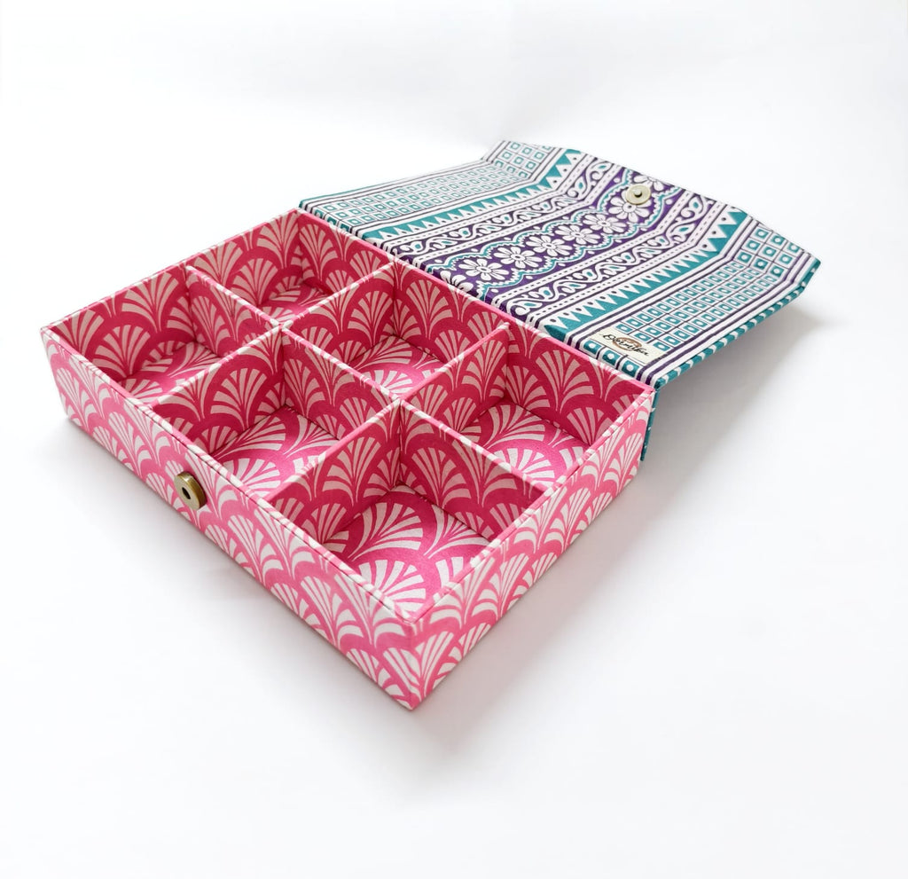 Rectangle 6 slot jewellery organizer - Pink Jaipur Block Print