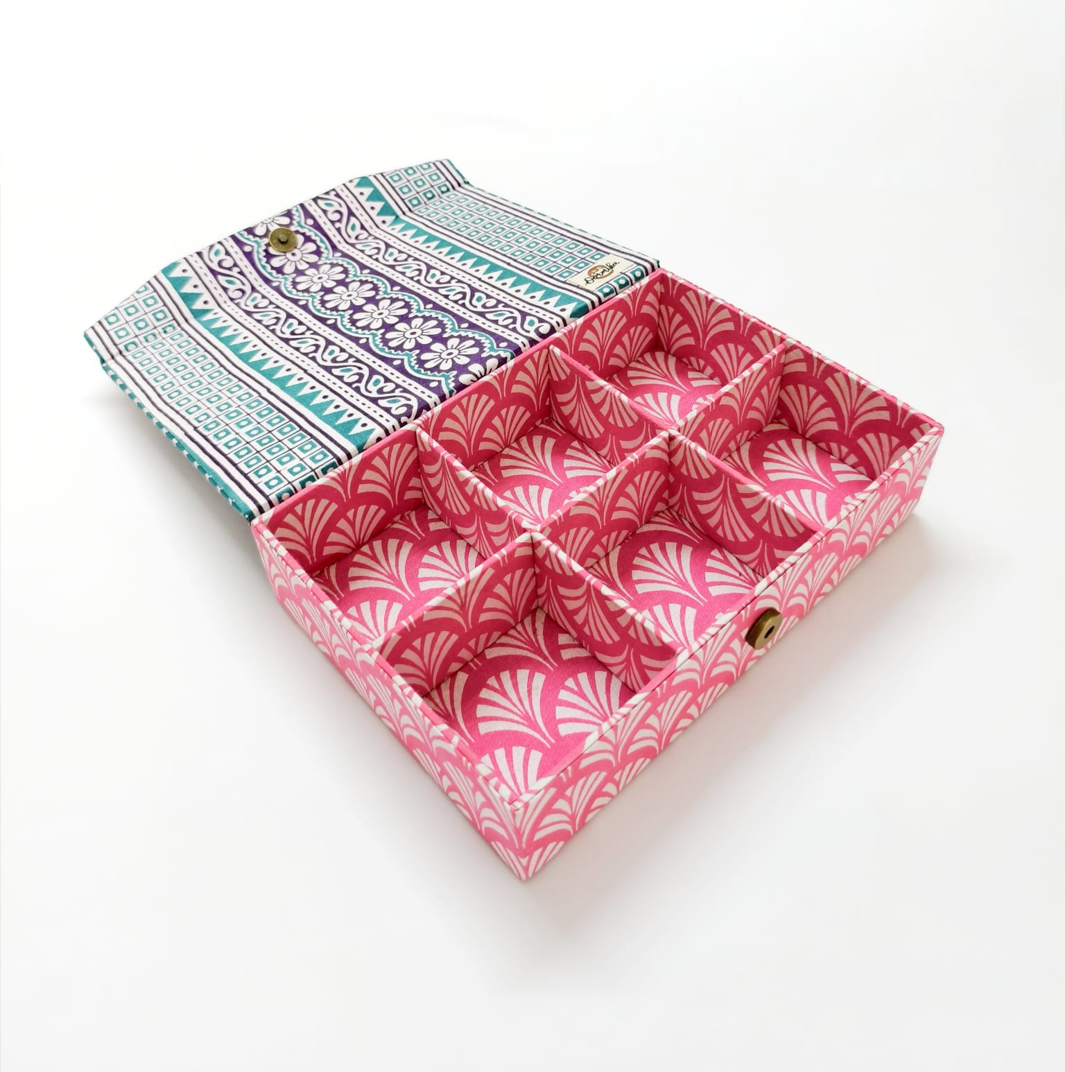 Rectangle 6 slot jewellery organizer - Pink Jaipur Block Print