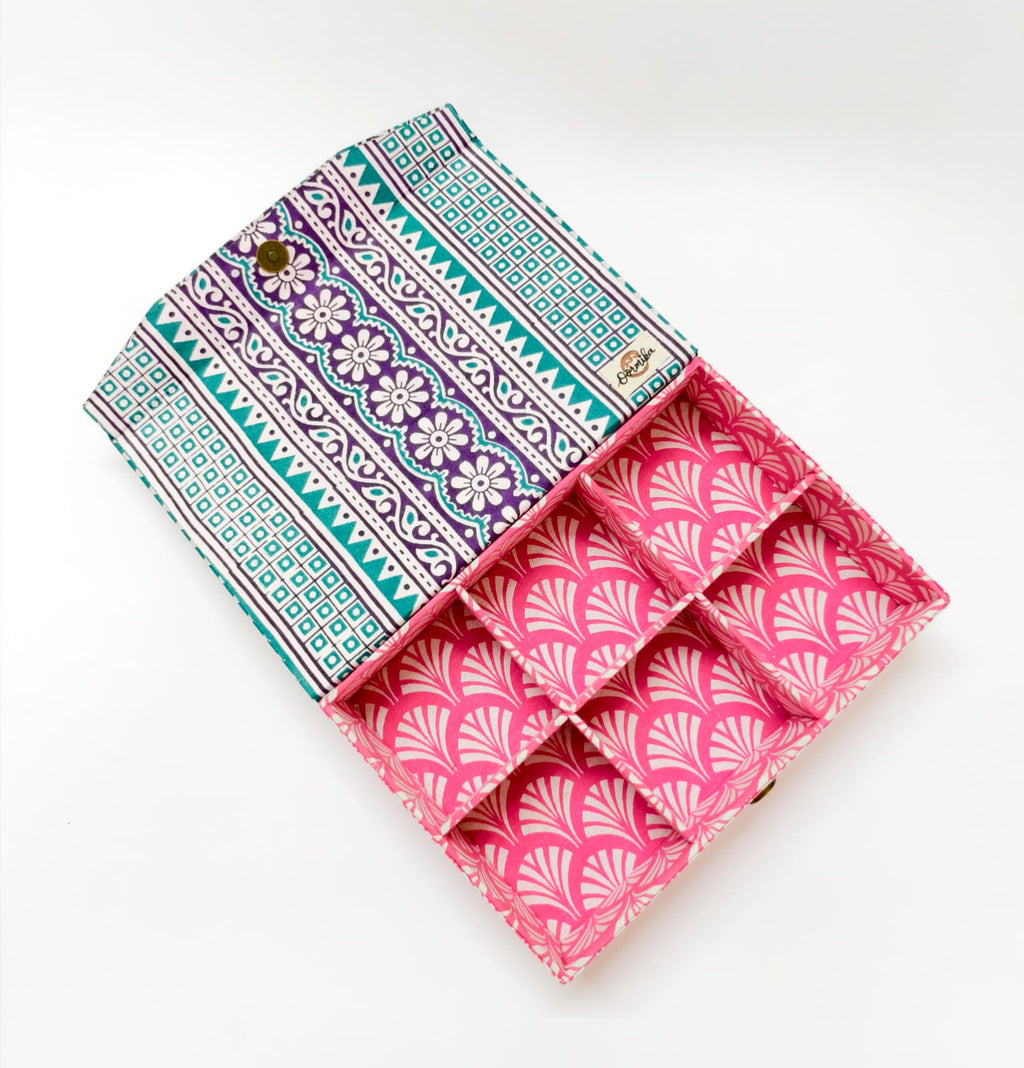 Rectangle 6 slot jewellery organizer - Pink Jaipur Block Print