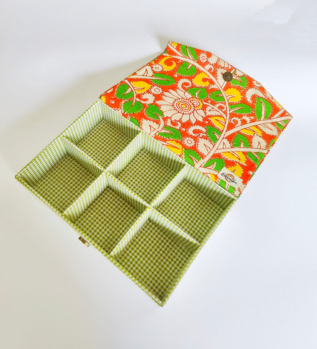 Rectangle 6 slot jewellery organizer - Kalamkari Orange &amp; Green