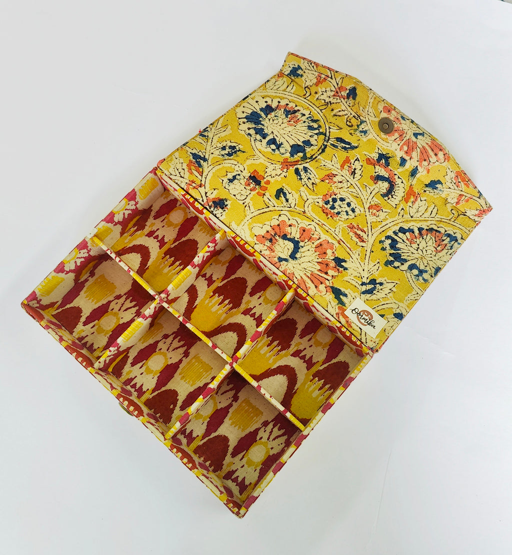 Rectangle 6 slot jewellery organizer - Yellow Kalamkari
