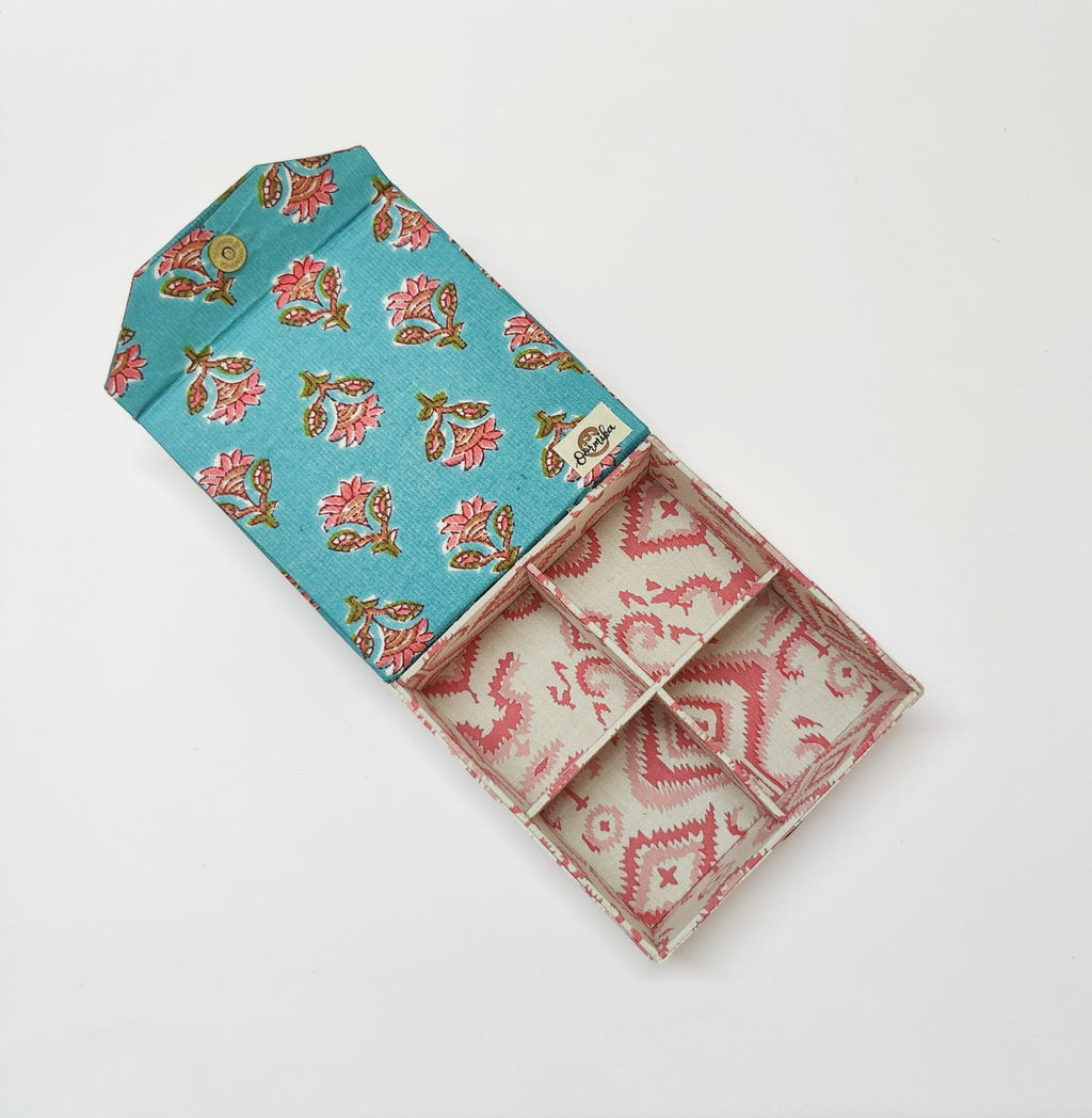 Square 4 slot jewellery organizer - Green &amp; Pink Jaipur Cotton