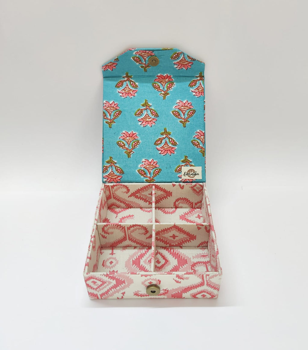 Square 4 slot jewellery organizer - Green &amp; Pink Jaipur Cotton