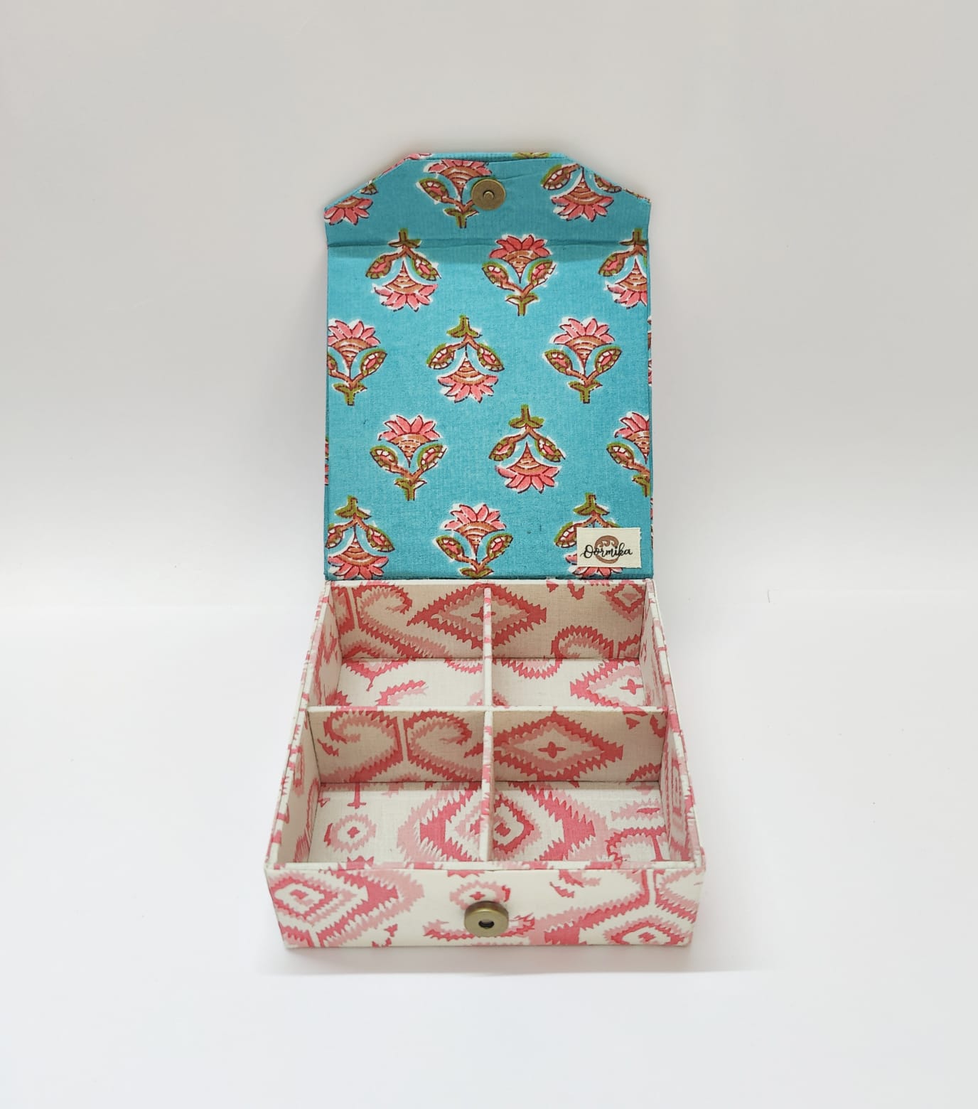 Square 4 slot jewellery organizer - Green &amp; Pink Jaipur Cotton