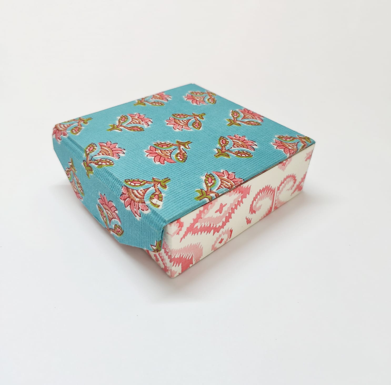 Square 4 slot jewellery organizer - Green &amp; Pink Jaipur Cotton