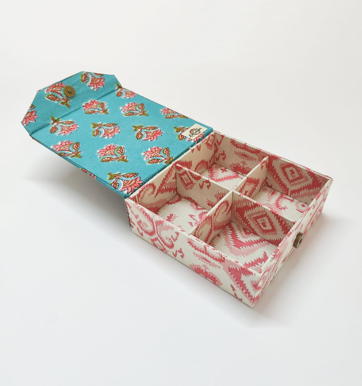 Square 4 slot jewellery organizer - Green &amp; Pink Jaipur Cotton