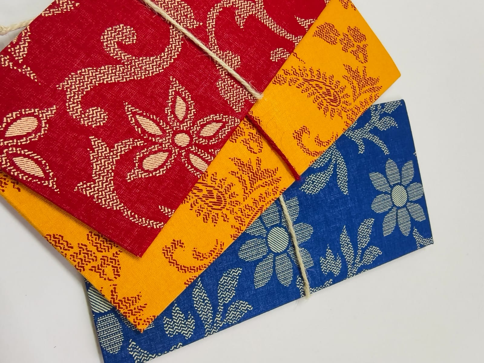 Set Of 3 Handmade Fabric Envelopes - Flowers in Cotton Weave
