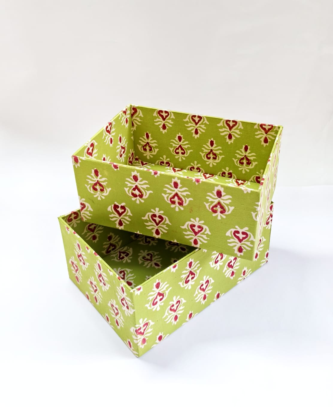 Set of 2 Open Storage boxes - Green Block Print