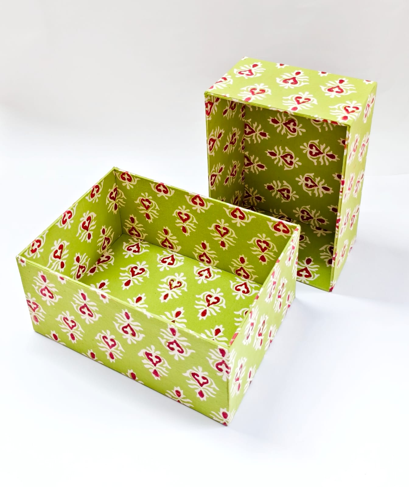 Set of 2 Open Storage boxes - Green Block Print