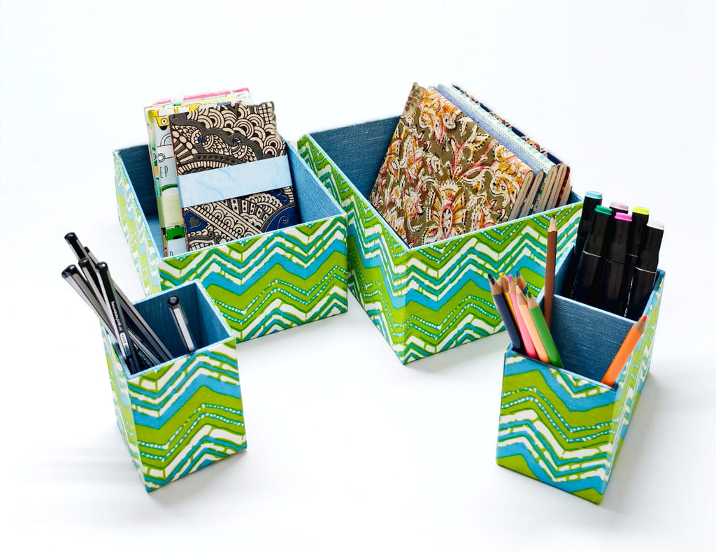 Set of 4 Desk Organizers - Green and Blue