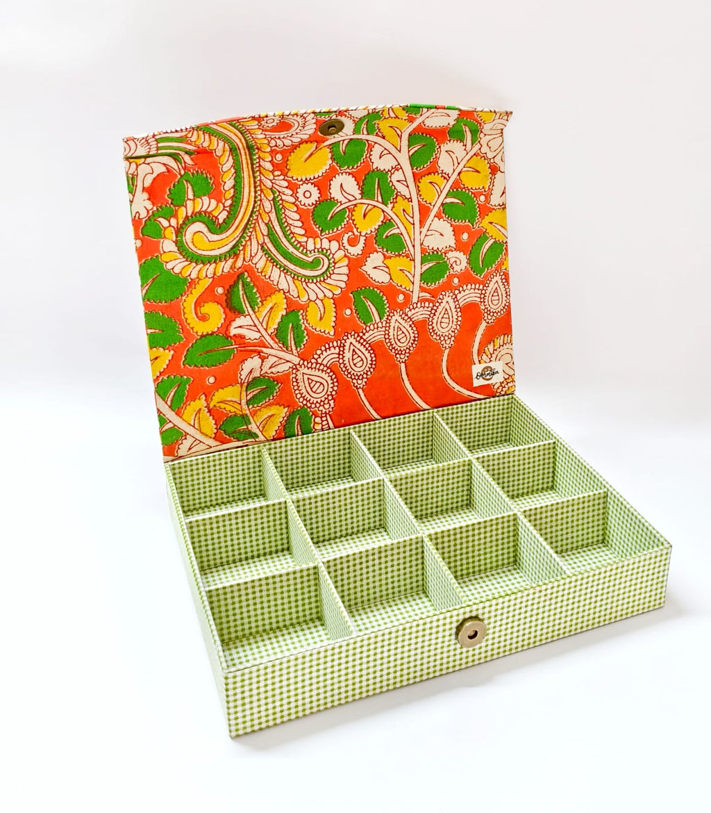 Rectangle 12 slot jewellery organizer - Orange kalamkari