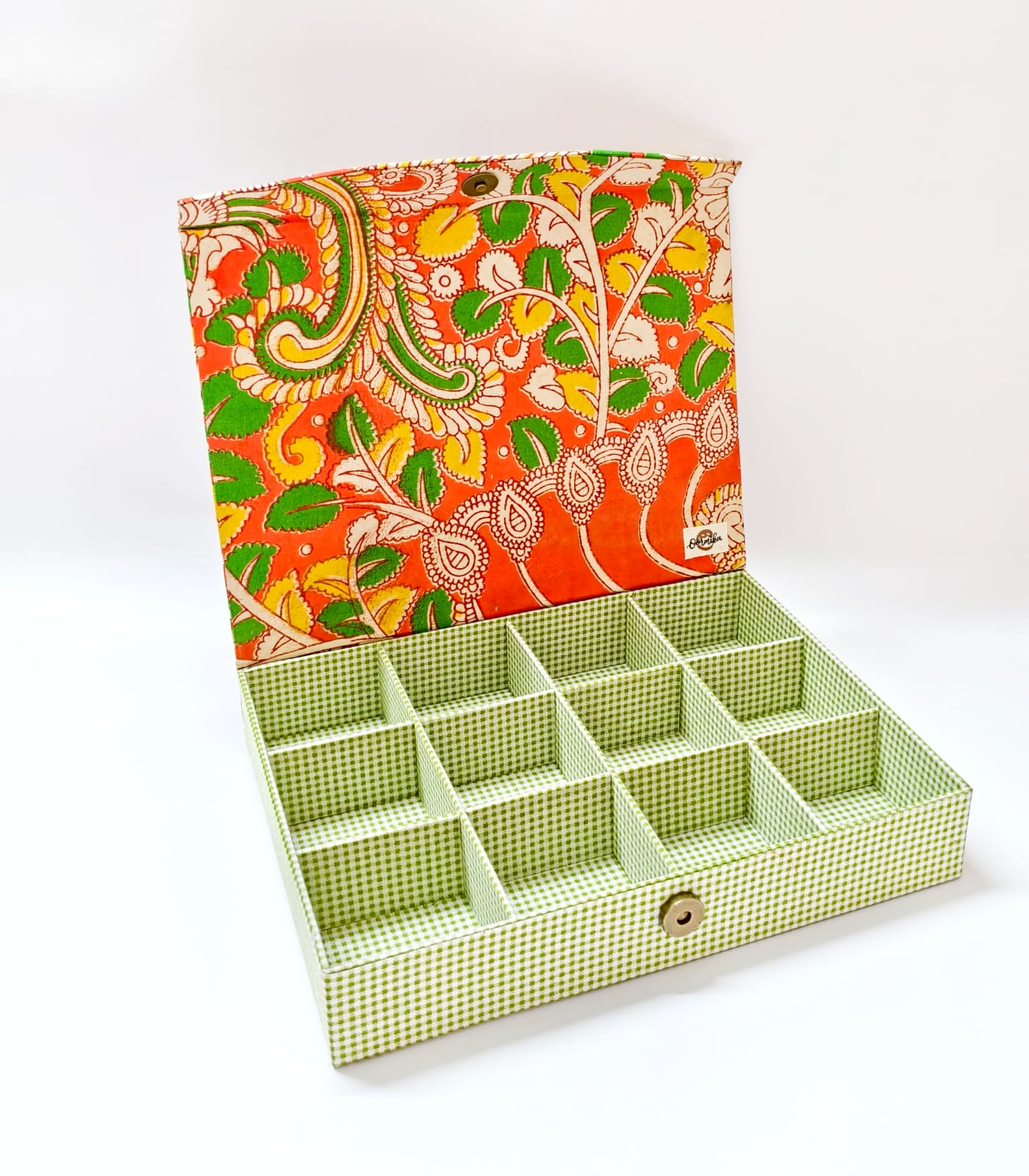 Rectangle 12 slot jewellery organizer - Orange kalamkari