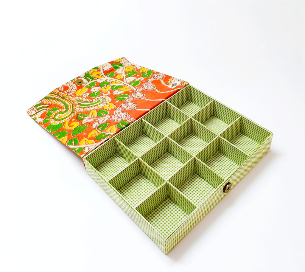 Rectangle 12 slot jewellery organizer - Orange kalamkari