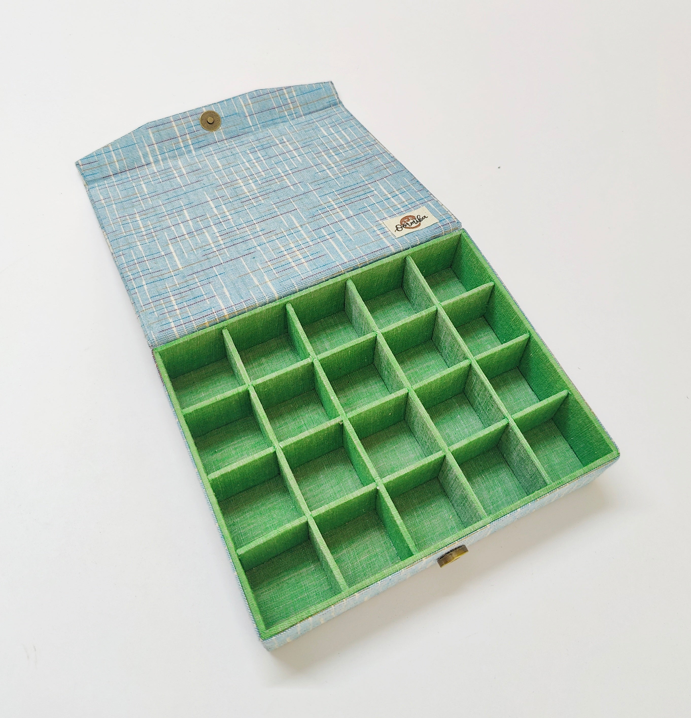 Small 20 slot ring - travel jewellery organizer - Blue Ikkat