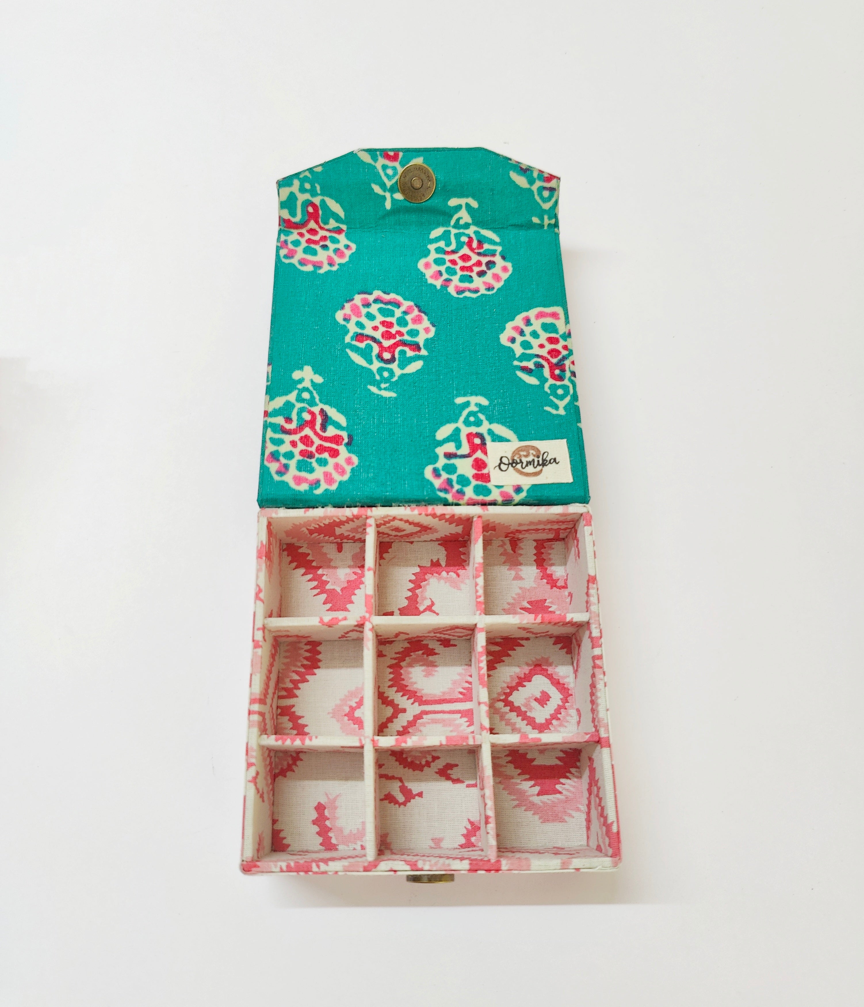 Small 9 slot travel jewellery organizer - Floral Green &amp; Pink