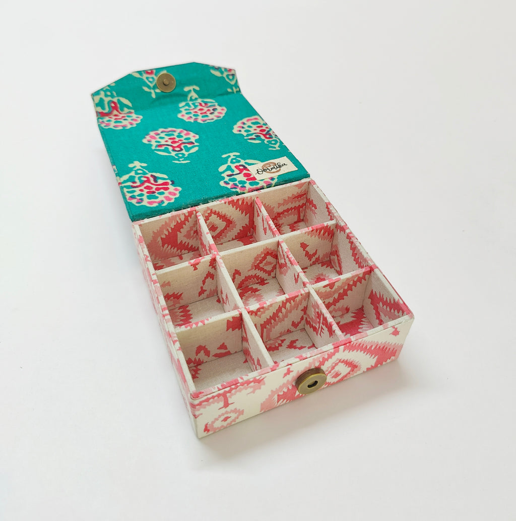 Small 9 slot travel jewellery organizer - Floral Green &amp; Pink